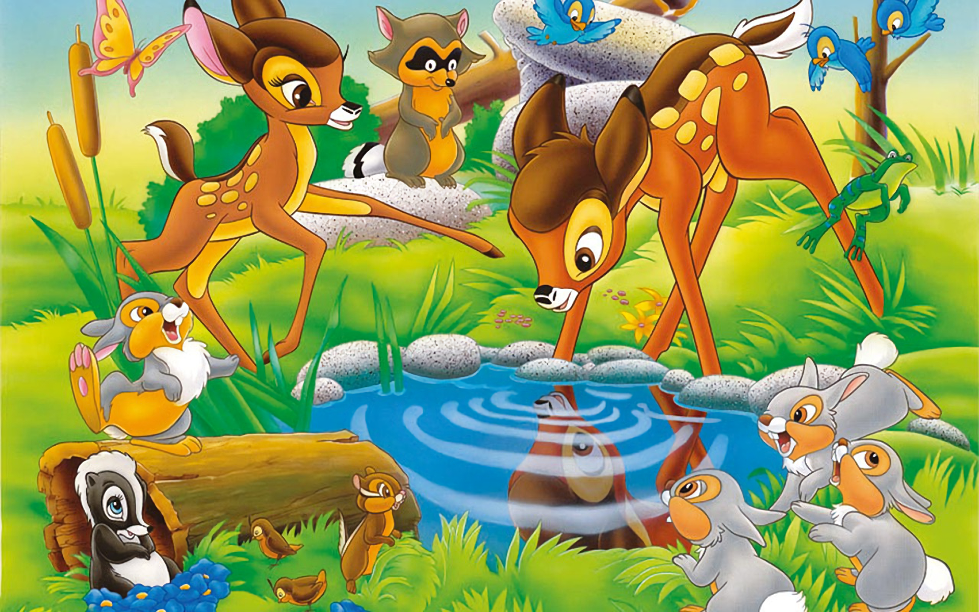HD PC desktop wallpaper featuring characters from the movie Bambi, showing Bambi, friends, and woodland animals gathered around a peaceful forest pond.