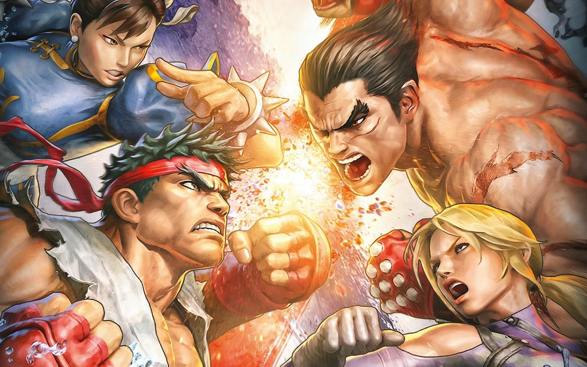 A dynamic HD wallpaper featuring iconic characters from Street Fighter, including Ryu, Chun-Li, Cammy, and Nina Williams, engaged in an intense battle with vibrant colors and action.