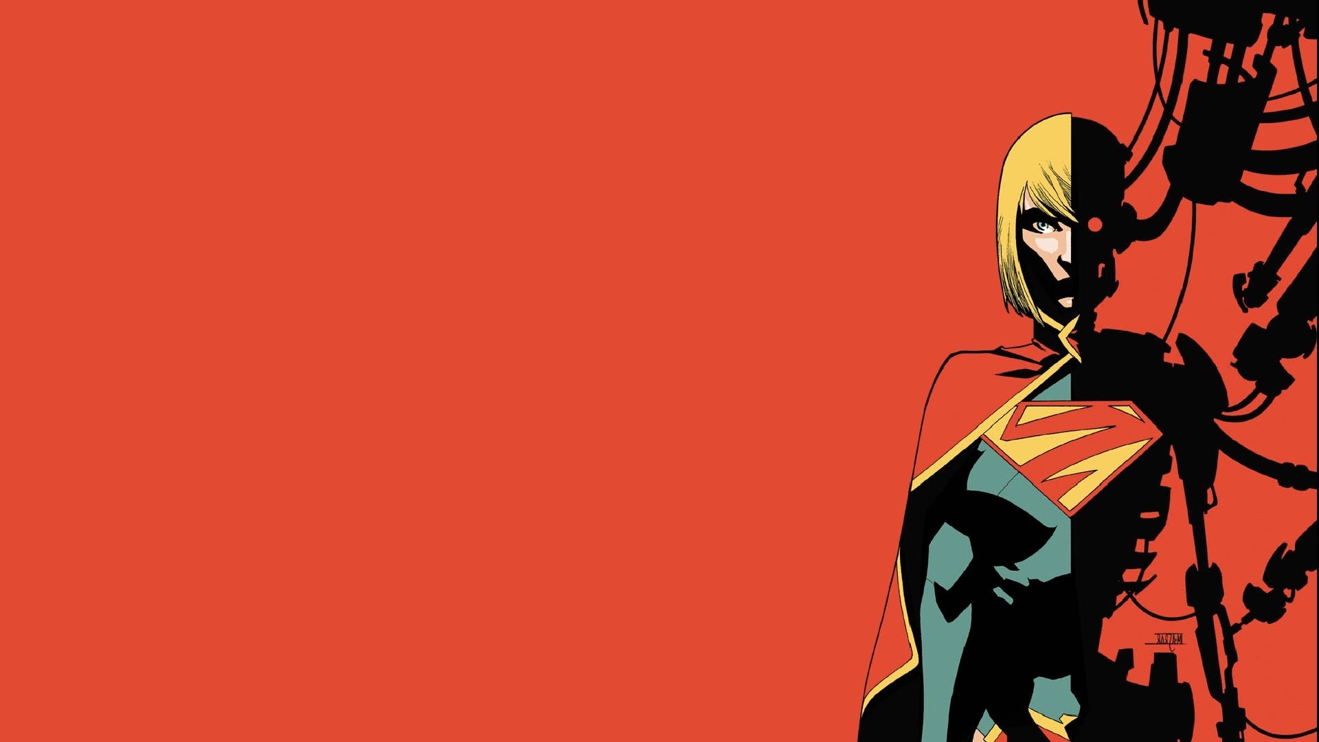 HD PC desktop wallpaper featuring a striking comic-style illustration of Supergirl against a bold red background.