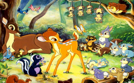HD PC desktop wallpaper featuring a vibrant scene from the movie Bambi with Bambi and woodland animals in a colorful forest setting.