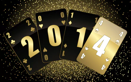 HD desktop wallpaper featuring black and gold playing cards spelling out 2014, surrounded by sparkling confetti, celebrating the New Year holiday.