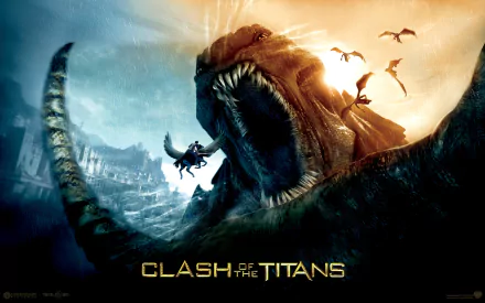 HD PC desktop wallpaper featuring a dramatic scene from Clash of the Titans (2010) with a heroic figure battling a giant sea monster under a fiery sky.