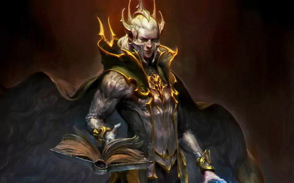A magnificent sorcerer with glowing armor and a spell book, exuding power and magic, set against a dark background, creating an immersive fantasy atmosphere for a stunning HD PC desktop wallpaper.