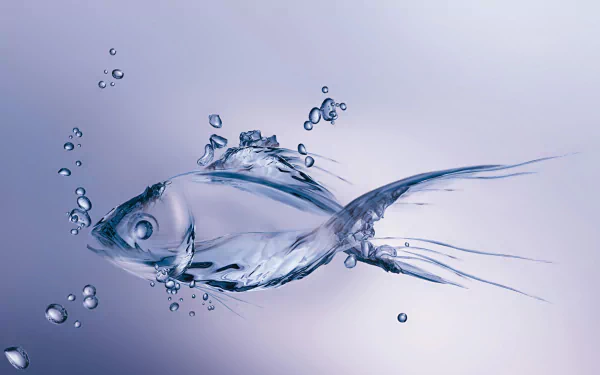 HD desktop wallpaper featuring a stylized, transparent fish made of water, surrounded by bubbles on a smooth blue background.