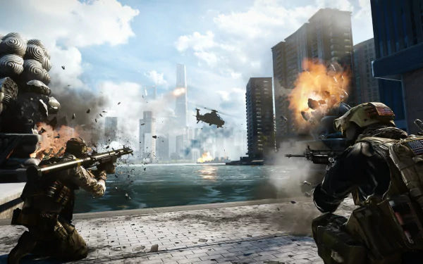 A high-definition desktop wallpaper featuring intense action from Battlefield 4, showcasing soldiers in combat amidst explosive scenes and a city skyline in the background.