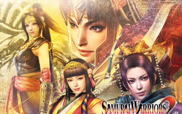 HD PC desktop wallpaper featuring characters from the video game Samurai Warriors 2, showcasing samurai warriors in detailed armor with dynamic poses and vibrant colors.
