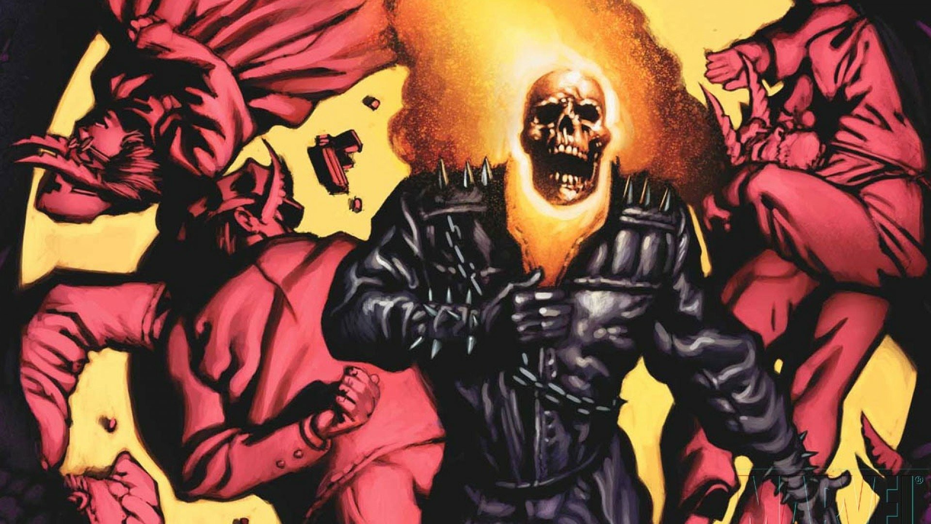 A dynamic HD desktop wallpaper featuring Johnny Blaze as Ghost Rider, surrounded by colorful comic-style action with a fiery skull and striking characters in motion.