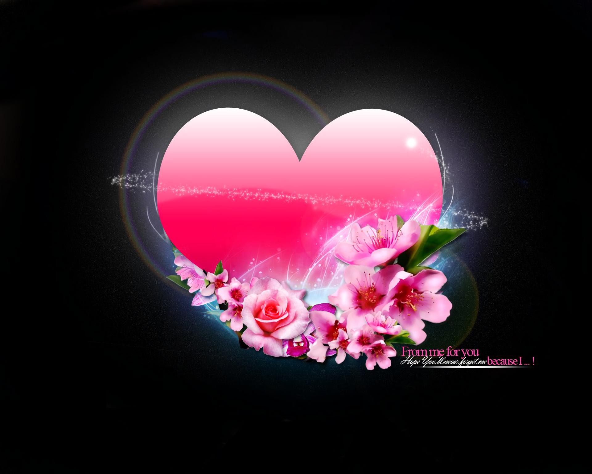 Artistic HD wallpaper featuring a large pink heart adorned with vibrant flowers, capturing the essence of love and beauty against a dark background.