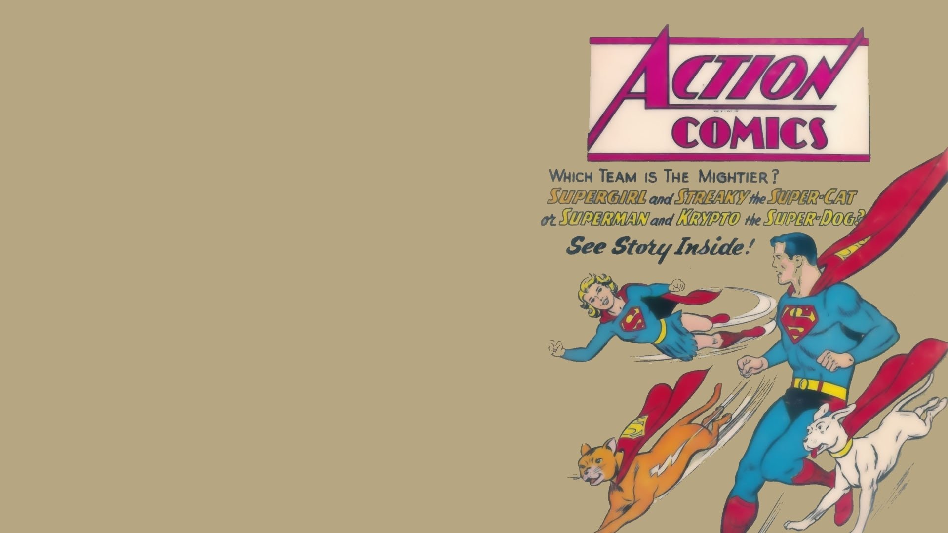 HD PC desktop wallpaper/background: vintage Action Comics cover featuring Superman and Supergirl flying in classic comic art, bold Action Comics logo and bright retro colors.