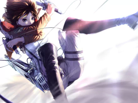 High-definition desktop wallpaper featuring Mikasa Ackerman from Attack on Titan, depicted in mid-action with her 3D maneuver gear.