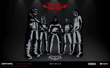 HD PC desktop wallpaper featuring the Metalocalypse TV show band members in dark, stylized artwork with the show's logo above them on a black background.