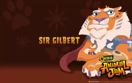 HD PC desktop wallpaper of Animal Jam video game character Sir Gilbert: a regal orange-striped tiger with beard and cape, Animal Jam logo in the corner.