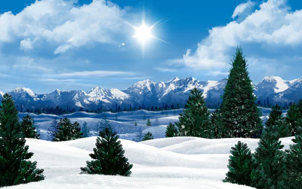 A serene winter landscape featuring snow-covered hills, evergreen trees, and a bright blue sky with fluffy clouds, capturing the beauty of nature in a peaceful scene.