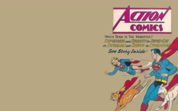 HD PC desktop wallpaper/background: vintage Action Comics cover featuring Superman and Supergirl flying in classic comic art, bold Action Comics logo and bright retro colors.