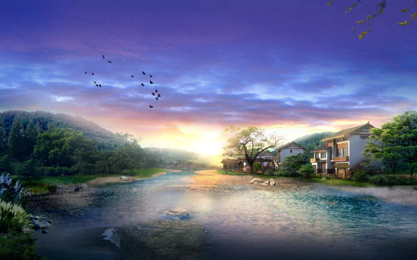 A serene river landscape featuring gently flowing water, lush greenery, and charming homes, illuminated by a vibrant sunset. This artistic scene serves as a captivating HD desktop wallpaper.