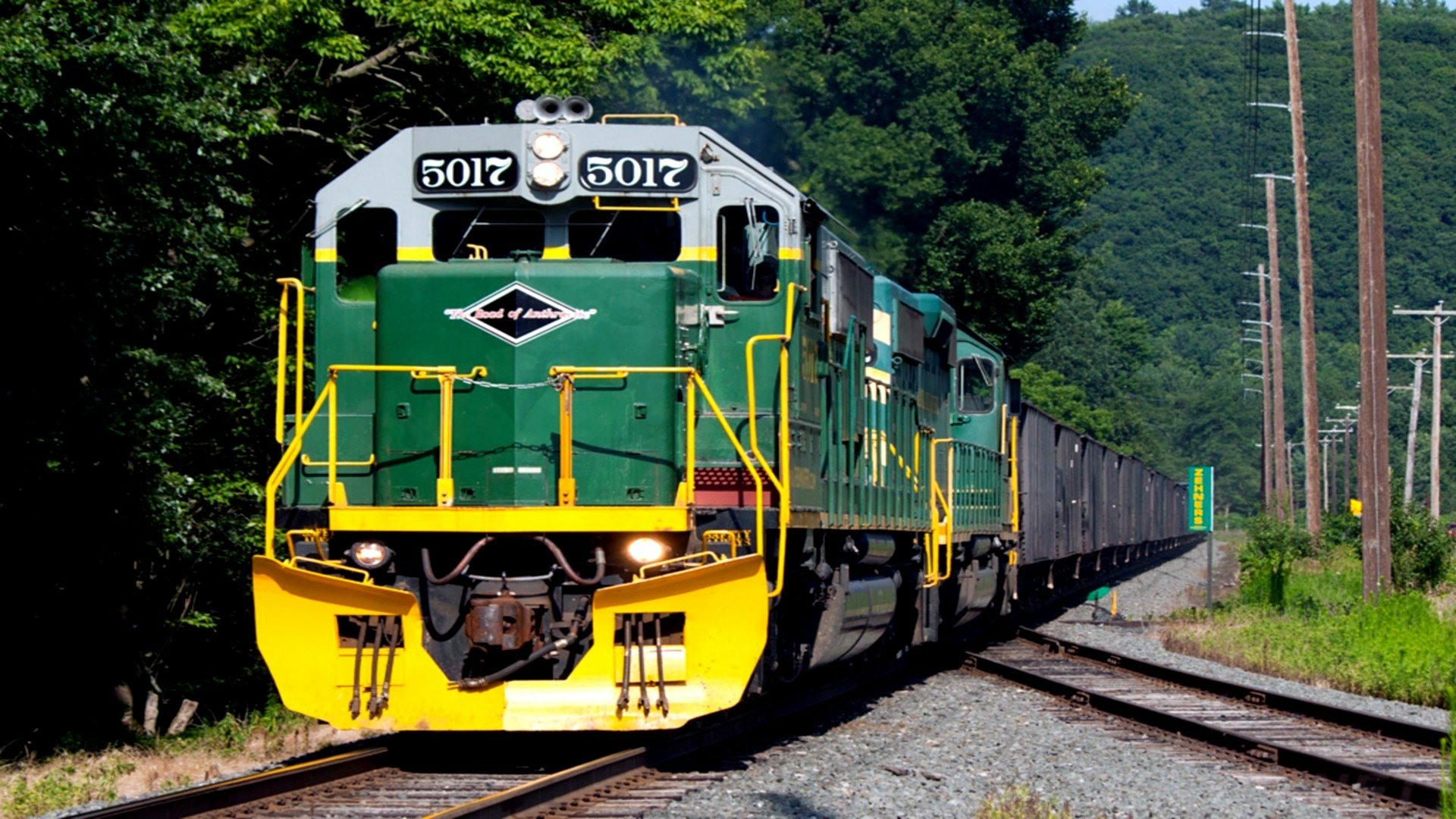 HD desktop wallpaper of a green and yellow train hauling coal cars along forested tracks under a clear sky.
