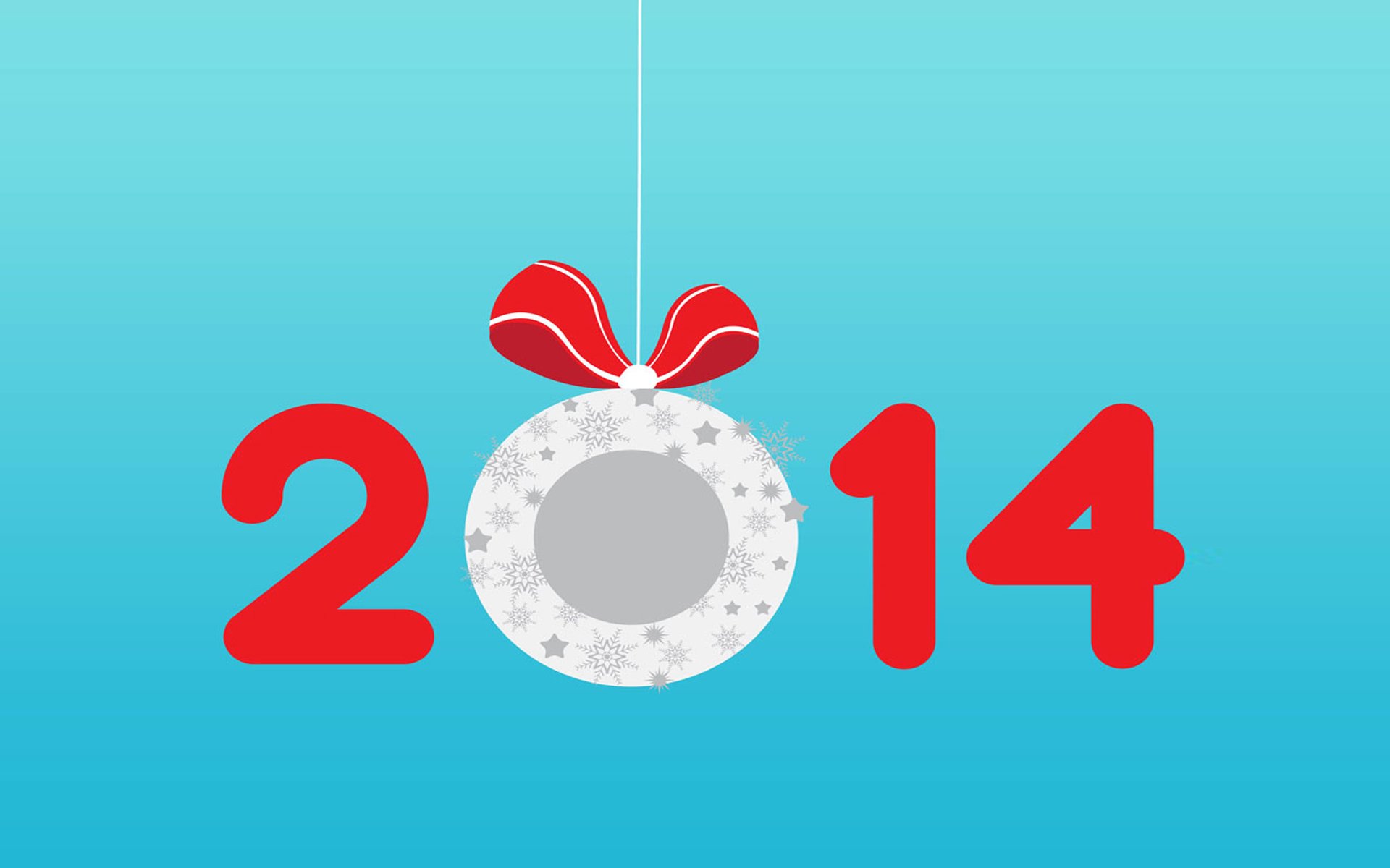 HD PC desktop wallpaper: turquoise gradient background with red 2014 numbers; the zero is a hanging silver ornament with stars and a red bow — New Year 2014 holiday design.