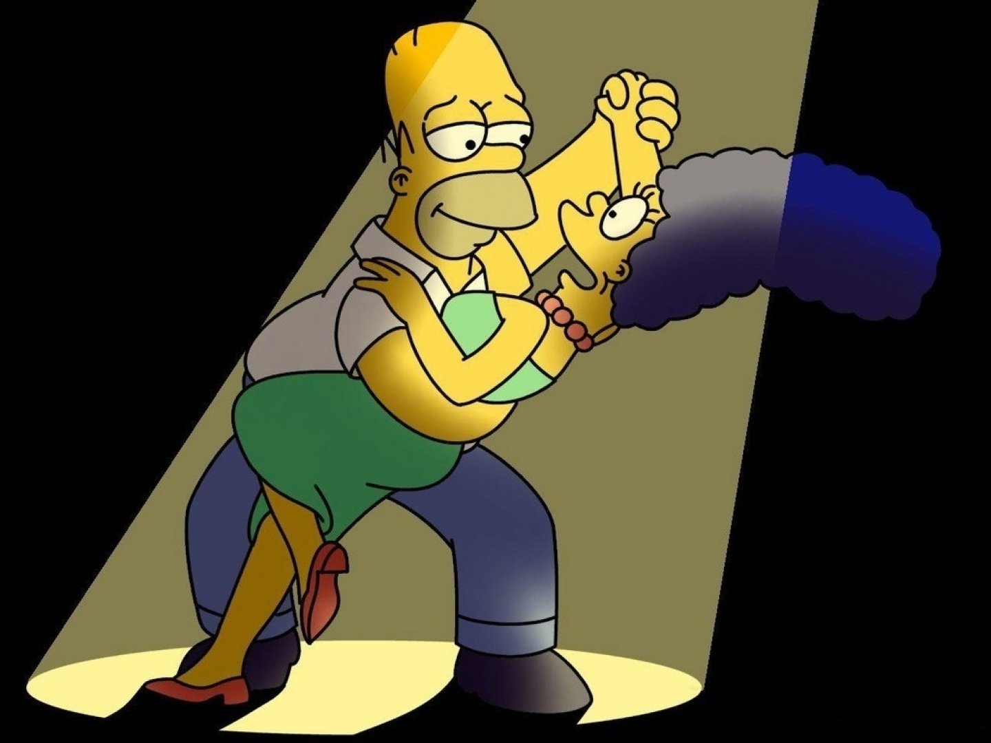 Homer Simpson dips Marge Simpson in a spotlighted dance from the TV show The Simpsons — HD PC desktop wallpaper/background.