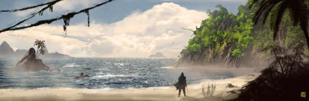 A stunning HD wallpaper from Assassin's Creed IV: Black Flag, featuring a lone figure on a beach with lush green cliffs and a serene ocean view under a cloudy sky.