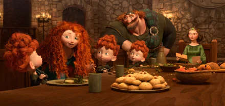 HD desktop wallpaper featuring Fergus, Elinor, and Merida from the movie Brave, gathered around a wooden table with food in a cozy stone-walled room.