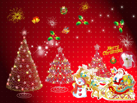 HD desktop wallpaper featuring a vibrant Christmas scene with two glittering Christmas trees, floating decorations, a cheerful Santa, and a playful snowman, all on a red background with Merry Christmas text.