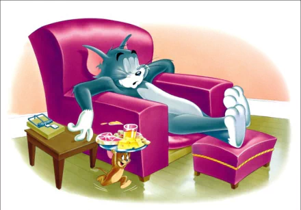 HD desktop wallpaper of Tom and Jerry featuring Tom relaxing in a chair with Jerry serving snacks. The image is tagged with TV Show, Tom And Jerry and is a background image.