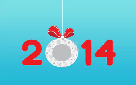 HD PC desktop wallpaper: turquoise gradient background with red 2014 numbers; the zero is a hanging silver ornament with stars and a red bow — New Year 2014 holiday design.