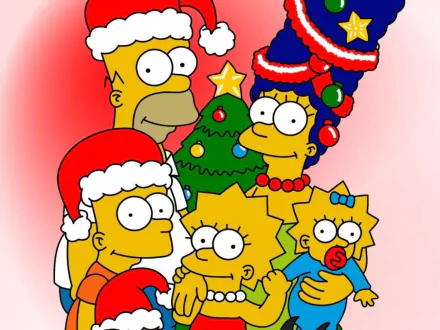 A festive family portrait featuring Marge, Homer, Bart, Lisa, and Maggie Simpson, celebrating around a Christmas tree, set against a vibrant background.