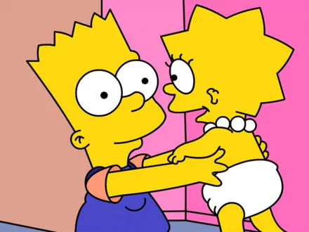 HD desktop wallpaper featuring Bart Simpson holding Maggie Simpson from the TV show The Simpsons, set against a two-tone pink and peach background.