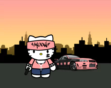 A vibrant HD desktop wallpaper featuring an anime-style Hello Kitty in a stylish outfit, holding a gun, with a sleek pink car and a city skyline at sunset in the background.