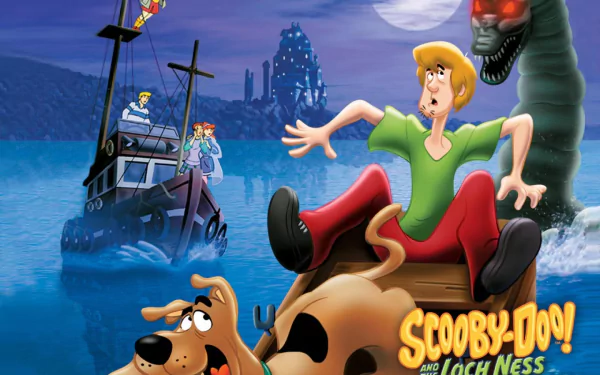 A vibrant HD desktop wallpaper featuring characters from the iconic TV show Scooby-Doo, set against a mysterious lakeside scene with a looming creature and a ship.