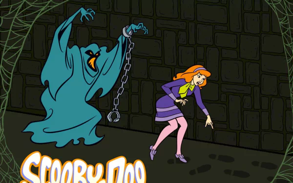 A vibrant Scooby-Doo HD wallpaper featuring Daphne confronting a ghost in a spooky, dimly lit setting, surrounded by cobwebs and classic cartoon-style elements.