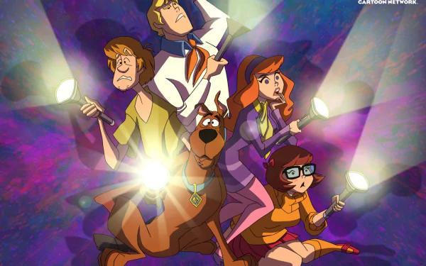 A vibrant HD desktop wallpaper featuring the Scooby-Doo gang—Fred, Shaggy, Daphne, Velma, and Scooby—holding flashlights while investigating a mysterious scene.