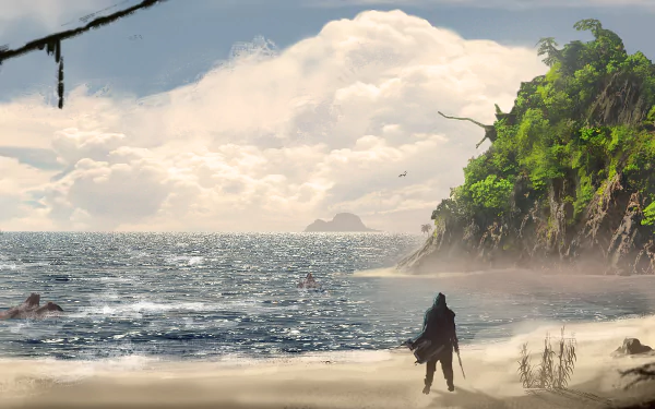 A stunning HD wallpaper from Assassin's Creed IV: Black Flag, featuring a lone figure on a beach with lush green cliffs and a serene ocean view under a cloudy sky.