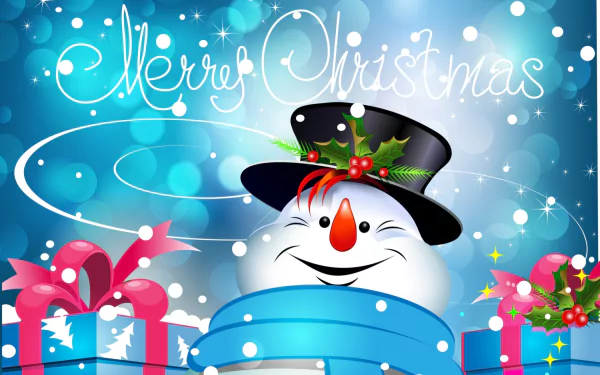 A cheerful snowman in a black hat with holly smiles against a festive blue background. Colorful presents surround him, complemented by the text Merry Christmas. A joyful holiday scene.