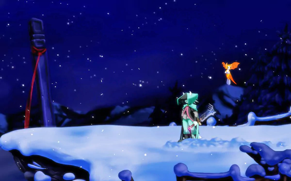 HD PC desktop wallpaper featuring a snowy nighttime scene from the video game Dust: An Elysian Tail, showcasing a character and a glowing companion against a starry sky.