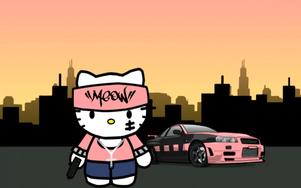 A vibrant HD desktop wallpaper featuring an anime-style Hello Kitty in a stylish outfit, holding a gun, with a sleek pink car and a city skyline at sunset in the background.