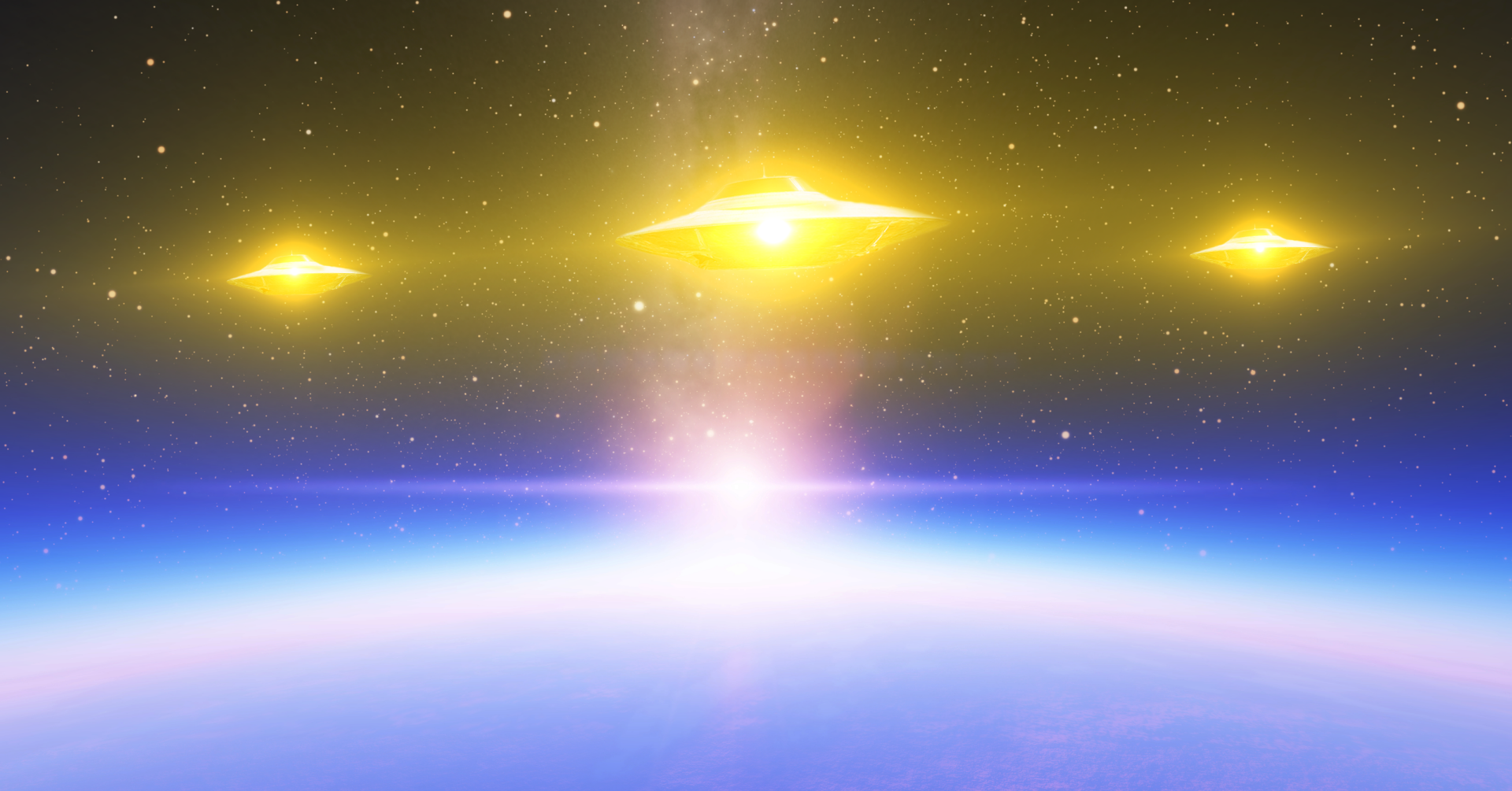 HD PC desktop wallpaper depicting three glowing UFO spaceships hovering above a planet in deep space, capturing a vibrant sci-fi atmosphere.
