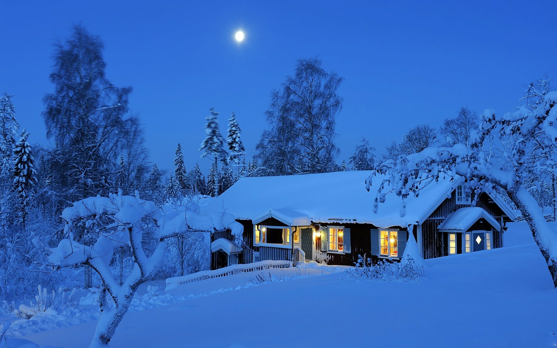 A cozy cabin surrounded by snow, illuminated by warm light, under a clear night sky with a glowing moon. Captured in stunning clarity, this winter scene creates a serene atmosphere.