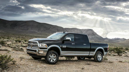 HD desktop wallpaper featuring a black Dodge Ram Heavy Duty truck parked in a rugged desert landscape under a dramatic cloudy sky.