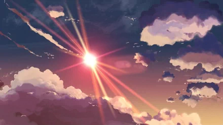 HD desktop wallpaper inspired by the anime The Place Promised In Our Early Days, showcasing a vibrant sunset with rays of light piercing through colorful clouds.