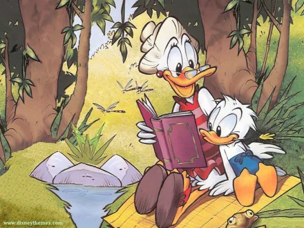 HD desktop wallpaper featuring Disney's Donald Duck and another duckling reading a book together in a lush outdoor setting, surrounded by trees and a small pond in the background.