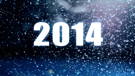 HD desktop wallpaper featuring bold white 2014 text against a dark, snowy winter background celebrating the New Year holiday.
