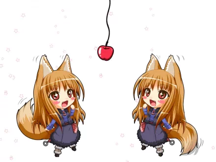 HD desktop wallpaper featuring two cute chibi versions of Holo from the anime Spice and Wolf. They are both looking happily at a hanging cherry with a white background adorned with small delicate flowers.
