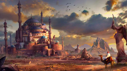 A stunning HD desktop wallpaper showcasing a fantastical city with grand architecture and towering spires, bathed in the warm glow of a setting sun, and set against a rugged, mountainous landscape.