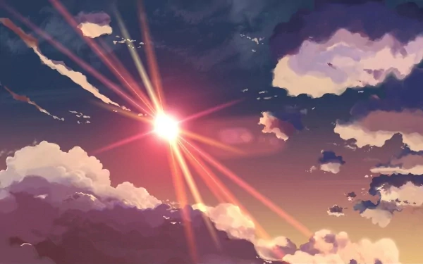 HD desktop wallpaper inspired by the anime The Place Promised In Our Early Days, showcasing a vibrant sunset with rays of light piercing through colorful clouds.