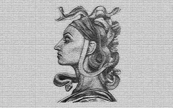 Black and white fantasy sketch of Medusa in profile with snake hair, designed as an HD PC desktop wallpaper and background.