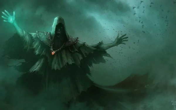HD fantasy desktop wallpaper featuring a mysterious sorcerer cloaked in dark robes, casting glowing green magic amid a swirling mist.