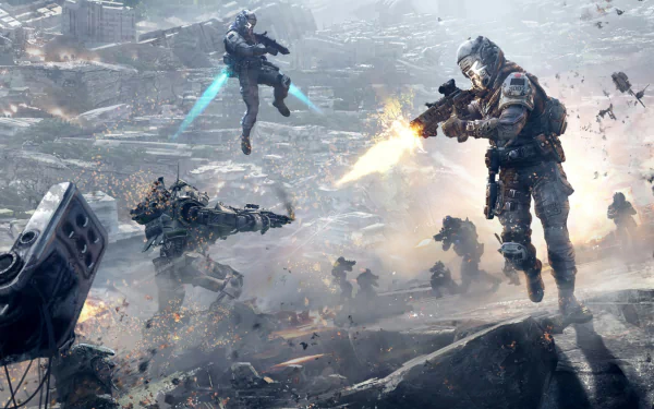 A dynamic scene from the video game Titanfall, featuring soldiers and mechs in combat amidst a futuristic urban landscape, captured in stunning HD for a desktop wallpaper.