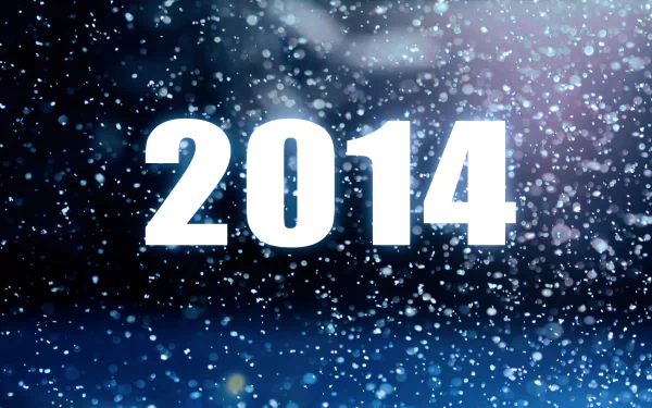 HD desktop wallpaper featuring bold white 2014 text against a dark, snowy winter background celebrating the New Year holiday.